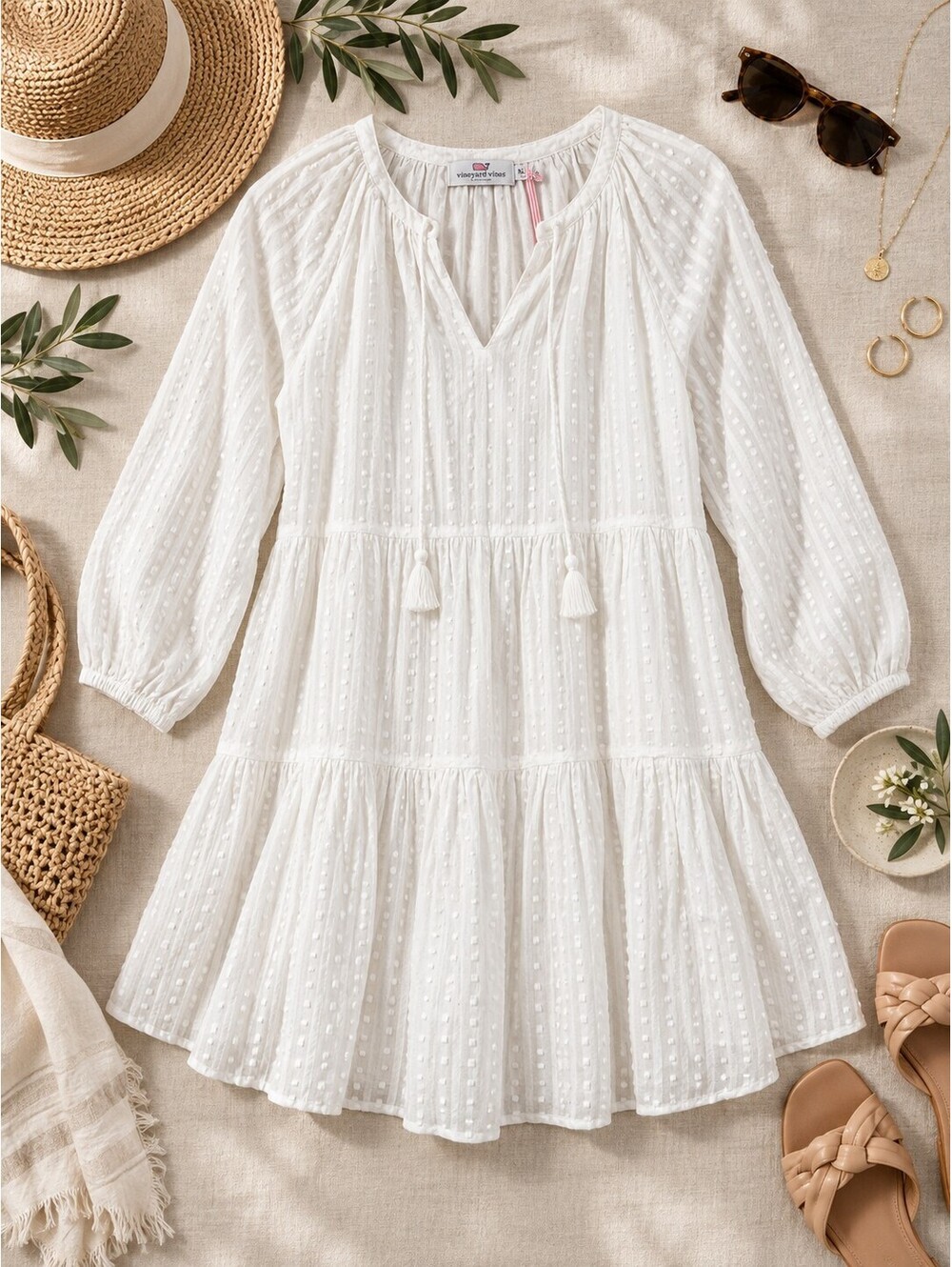 Vineyard Vines White Swiss Dot Tiered Long Sleeve V-Neck Mini Dress XL NWT